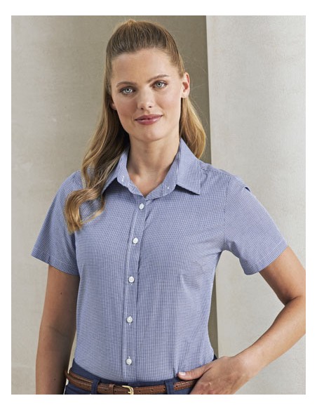 PRE-PR321-Womens Microcheck (Gingham) Short Sleeve Cotton Shirt 2